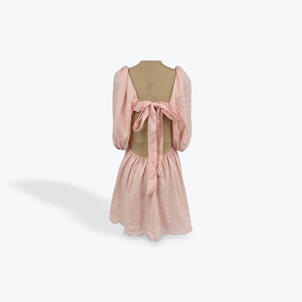 Mable Pink Linen Dress‎ Open Back Puff Sleeve Scalloped Hem Square Neck Large - Picture 2 of 9